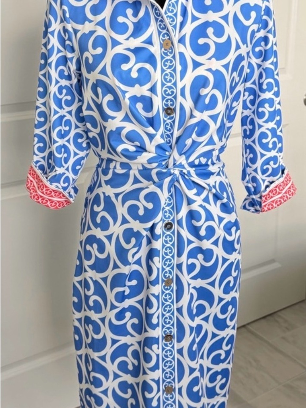 Blue & White Printed Tie-Waist Shirt Dress with Pink Accents